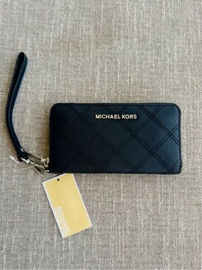 Michael Kors Black Quilted Zip-Around Wristlet Wallet with Gold Logo